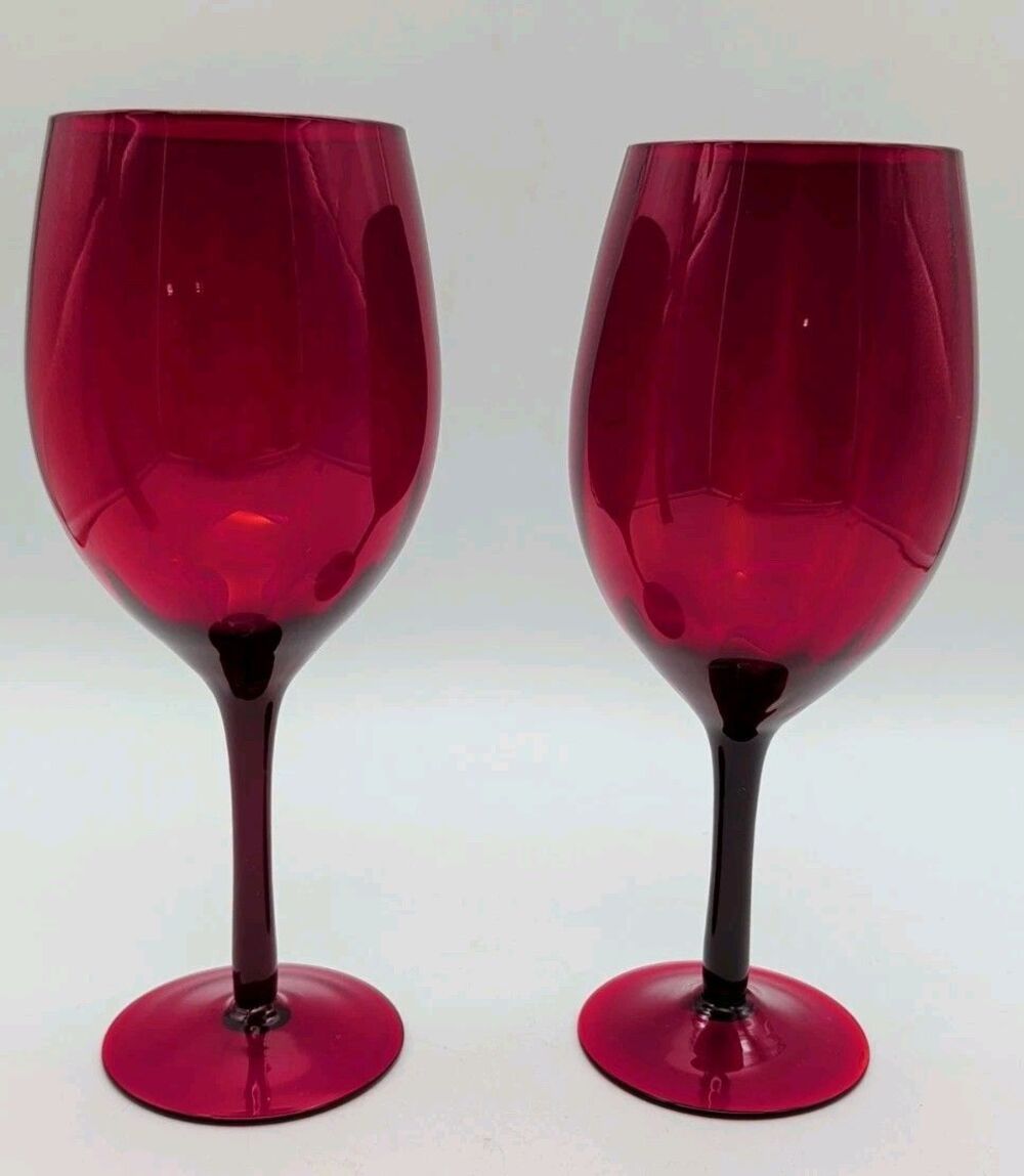 Handblown Ruby Red Wine Glasses Optic Glass Swirl Lines Set Of 2